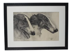 Leon Mazurowski Borzoi Dogs Graphite and Charcoal Drawing on Paper