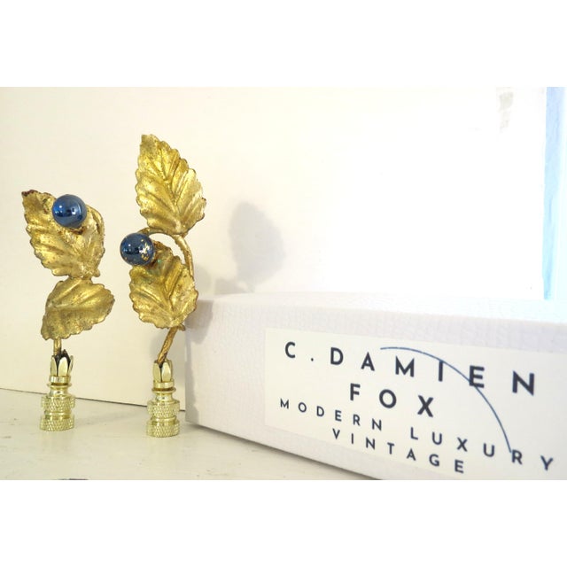 Vintage Italian Tole Leaf Lamp Finials, Absolutely Unique, Blue Glass and Gold, Pair For Sale - Image 4 of 5