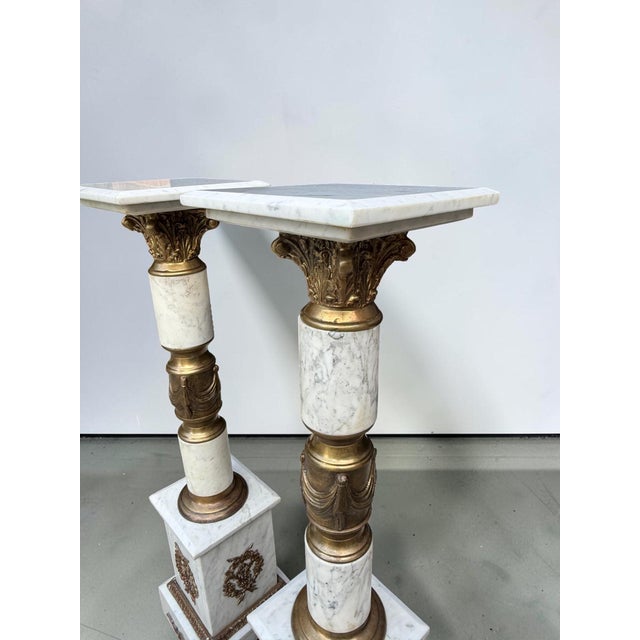 White Antique French Empire Bronze Ormolu White Marble Pedestals - A Pair For Sale - Image 8 of 10