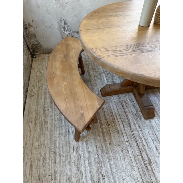 Vintage Round Oak Table and Benches, 1950s, Set of 3 For Sale - Image 10 of 18