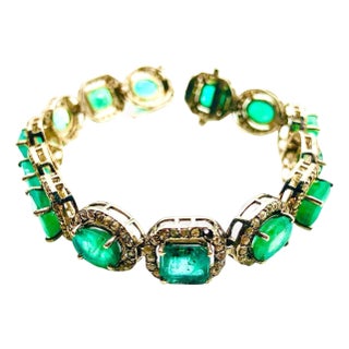 Bochic “Capri” Vintage Zambian Emerald & Diamond Bracelet Set 18K Gold & Silver For Sale
