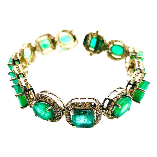 Bochic “Capri” Vintage Zambian Emerald & Diamond Bracelet Set 18K Gold & Silver For Sale