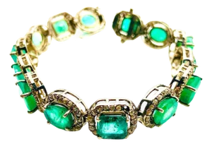 Bochic “Capri” Vintage Zambian Emerald & Diamond Bracelet Set 18K Gold & Silver