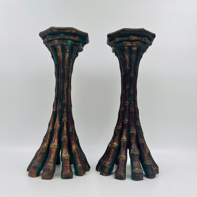 Vintage Faux Bamboo Bronze Metal Pillar Candleholders 12"h - A Pair For Sale - Image 13 of 16