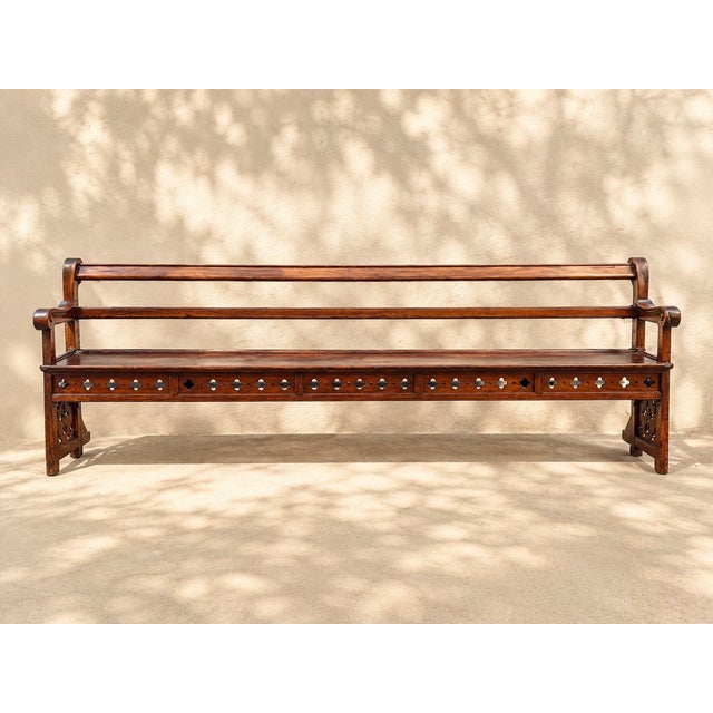 Wood Large Chapel Pew in Oak with Cross and Fleur-De-Lis Motifs, 1820 For Sale - Image 7 of 7