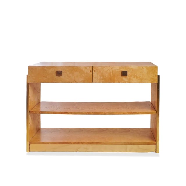 This Vintage Milo Baughman style burlwood server by Thomasville features striking burl veneer panels paired with clean...