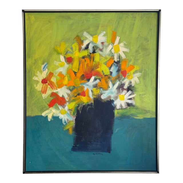 Mid-Century Modern Abstract Floral Painting Signed For Sale