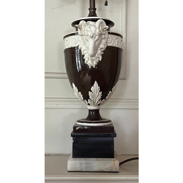 Fine Antique 19th Century Italian Creamware Urn With Goat Mask Handles Mounted as a Table Lamp For Sale - Image 10 of 15