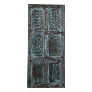 Midcentury Distressed Blue Vintage Carved Barn Door – Reclaimed Wood 6 Panel Door 80x36 For Sale