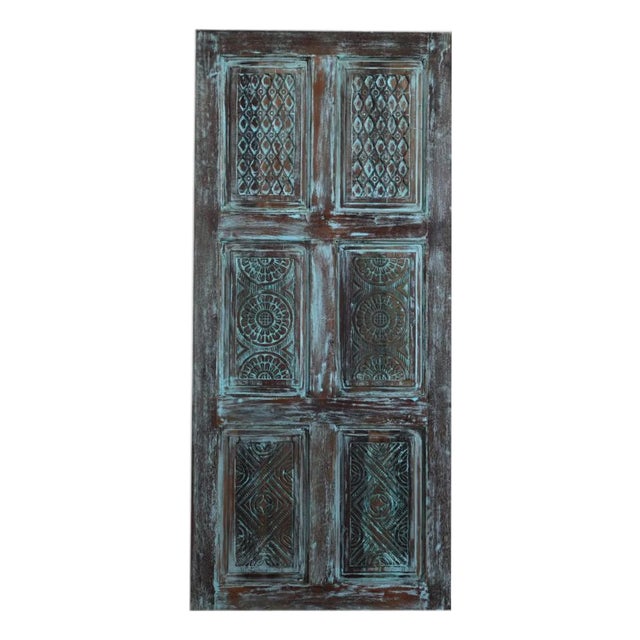 Midcentury Distressed Blue Vintage Carved Barn Door – Reclaimed Wood 6 Panel Door 80x36 For Sale