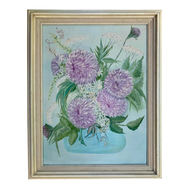 1960’s Purple Mum Floral Arrangement Still Life Painting- Framed For Sale