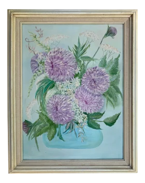 1960’s Purple Mum Floral Arrangement Still Life Painting- Framed