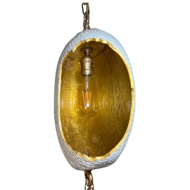 Early 20th Century Antique Abstract Egg Shaped Shade With Sculptural Dragon Goddess Finial Pendant Light For Sale - Image 5 of 18