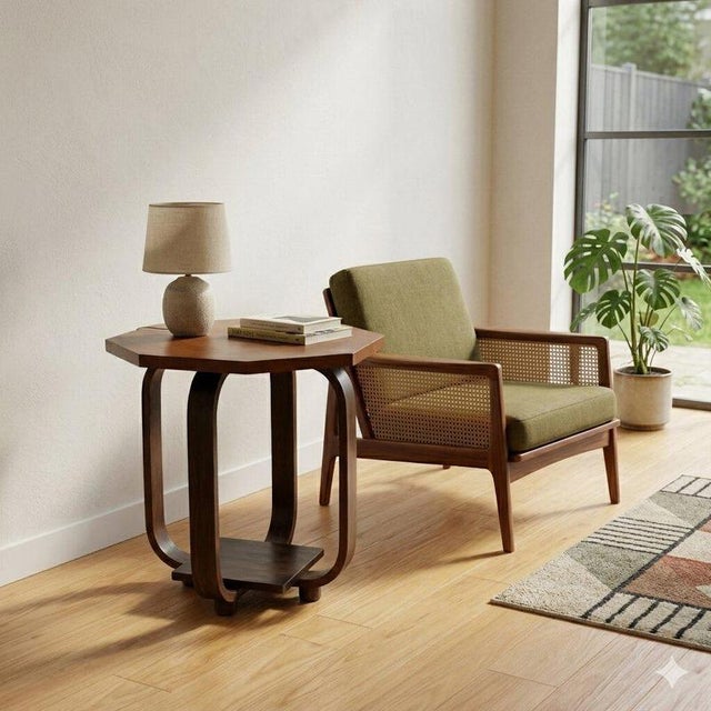 Art Deco walnut coffee table. Octagonal top supported by four curved legs at the base, joined by a lower shelf. Italy,...