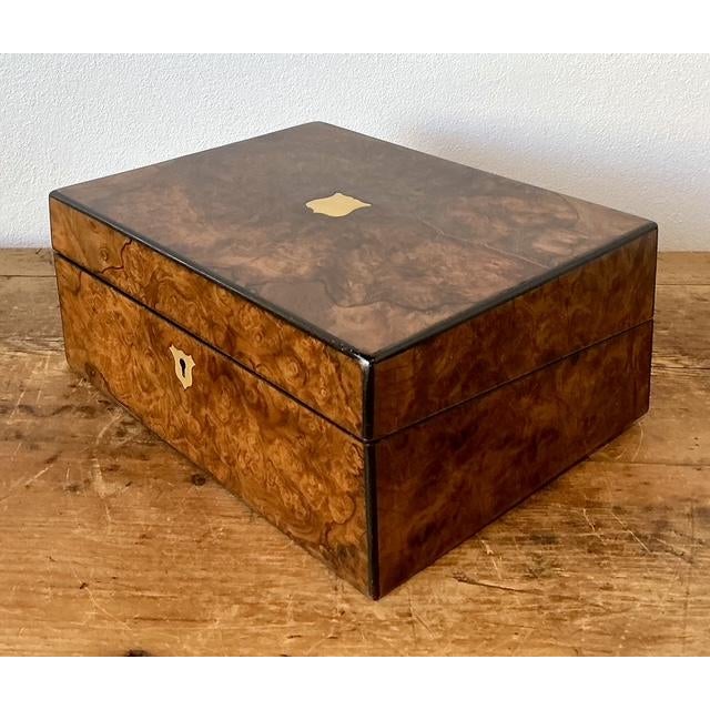 Late 19th Century Vintage Brass Inlay Burl Wood Traveling Writing Desk Box For Sale - Image 5 of 11