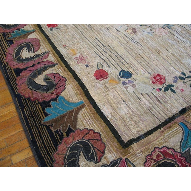 Wonderful Ivory Background Color With Dynamic Florid Design Antique American Hooked Rug For Sale - Image 4 of 4