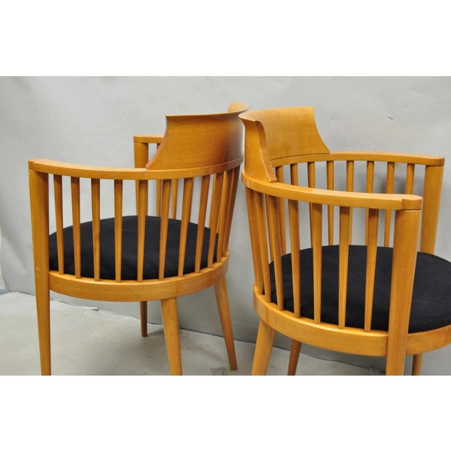 Late 20th Century Vintage Postmodern Maple Wood Spindle Barrel Back Lounge Arm Chairs - A Pair For Sale - Image 5 of 15