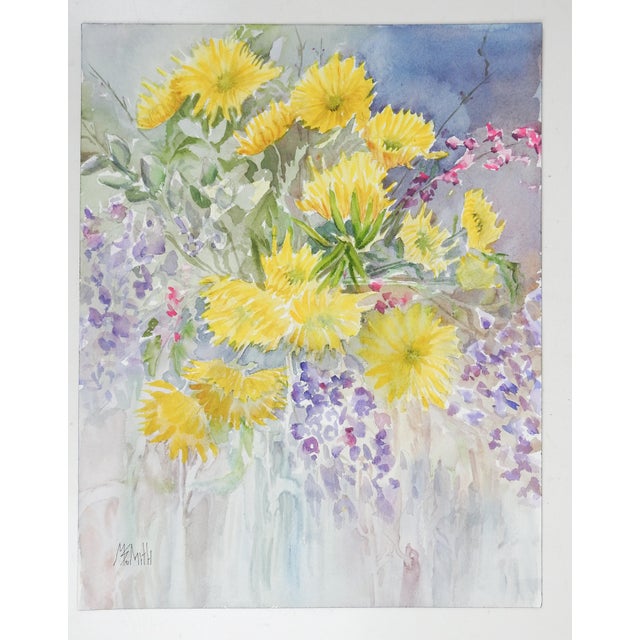 Contemporary Contemporary Yellow Purple Floral Watercolor Painting For Sale - Image 3 of 3