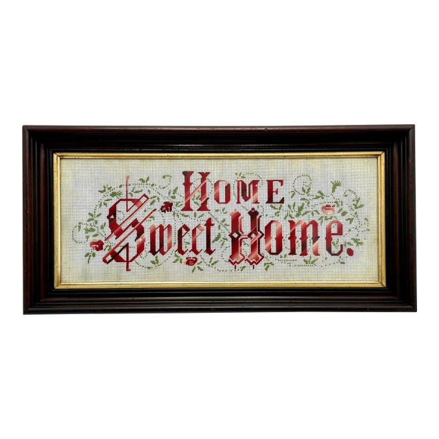 Classic Antique American Victorian Embroidered "Home Sweet Home" Motto in Original Black Walnut Frame For Sale