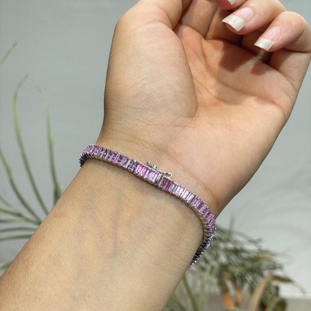 Baguette Cut 10.47 Ct Pink Sapphire Linear Tennis Bracelet for Valentine in Silver, 7 Inch For Sale - Image 10 of 14