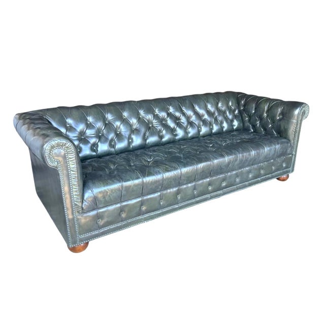 1960s 1960s Distressed Olive Green Chesterfield Leather Sofa With Tufted Back & Bun Feet For Sale - Image 5 of 11