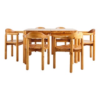 Brutalist Pine Dining Set with Extendable Dining Table and Armchairs by Rainer Daumiller for Hirtshals Savværk, Denmark, 1970s, Set of 7 For Sale