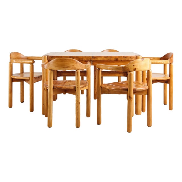 Brutalist Pine Dining Set with Extendable Dining Table and Armchairs by Rainer Daumiller for Hirtshals Savværk, Denmark, 1970s, Set of 7 For Sale