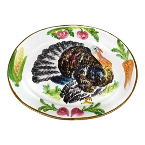 Large Vintage Italian Pottery Embossed Hand-Painted Turkey Design Thanksgiving Serving Platter