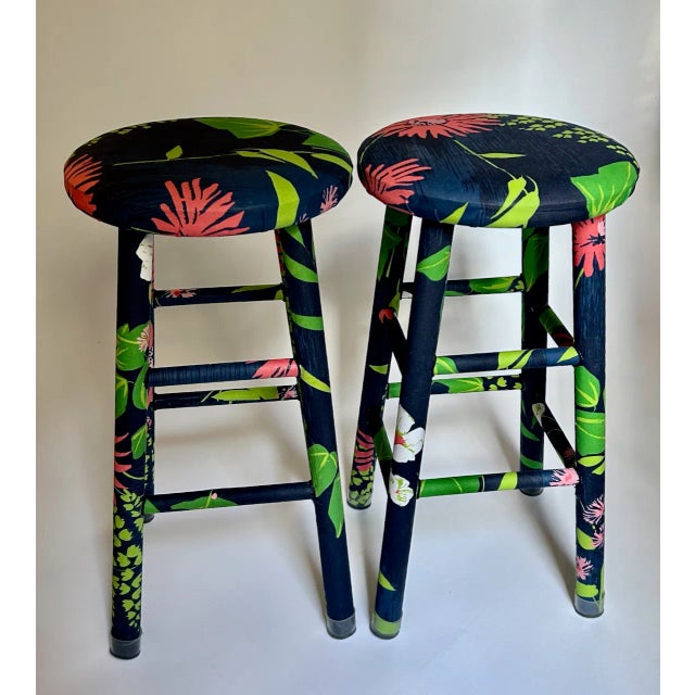 Wood Pair of Vintage Greeff "Summertime Collection" Fabric Wrapped Wooden Counter Stools For Sale - Image 7 of 18