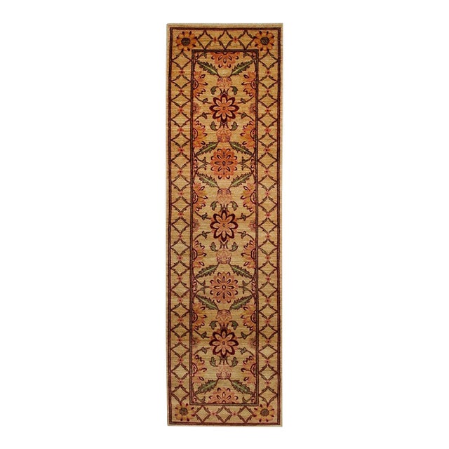 3x10 Beige Rust Floral Hand-Knotted Wool Runner For Sale