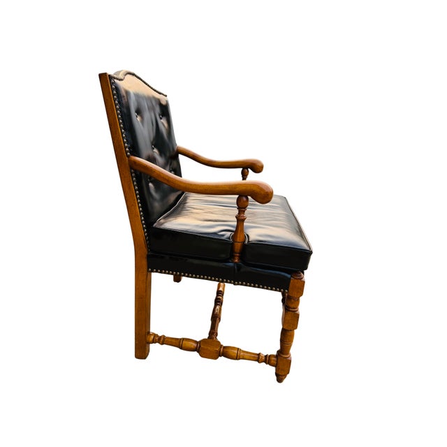 Vintage Barnard & Simonds Black Leather Armchair | 1960s American Traditional | Button-Tufted Leather & Bobbin-Turned Wood For Sale - Image 10 of 18