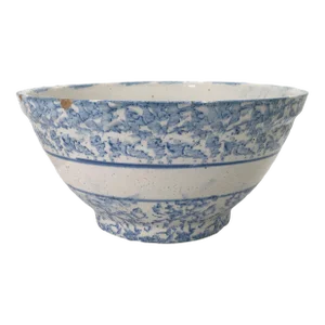 11 Inch Size Antique American Blue Spongeware Decorated Stoneware Kitchen Mixing Bowl Circa Early 1900s