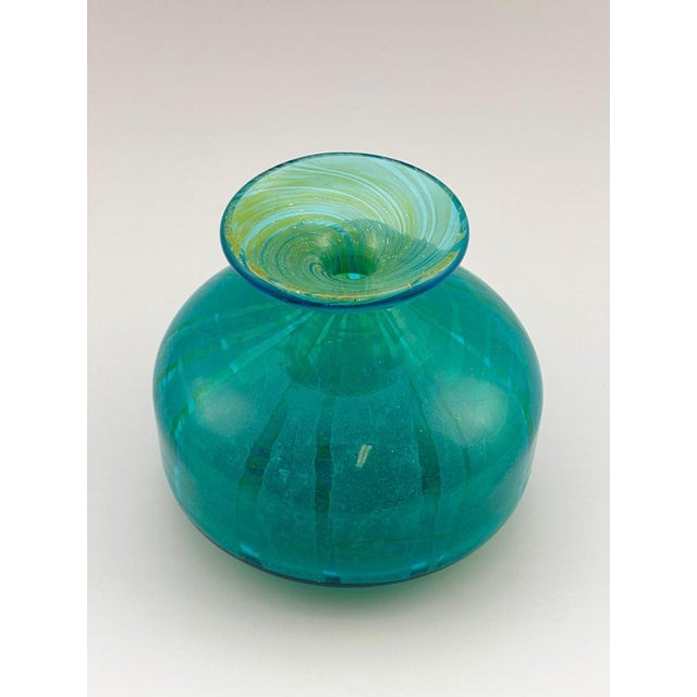 Turquoise and Green Striped Glass Squat Bottle Vase from Mdina, Malta, 1970s For Sale - Image 9 of 10