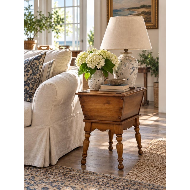 This vintage Kling Colonial maple table dates to circa 1970s and takes its form from an early American sugar chest. The...