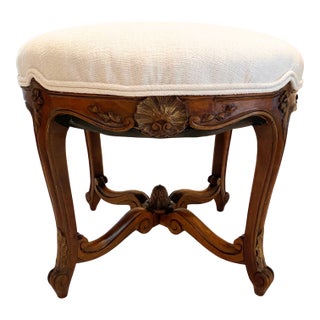 Early 19th Century French Louis XV Carved Walnut Tabouret (Stool) – Original Frame and Upholstery Construction, Updated in White Performance Fabric For Sale