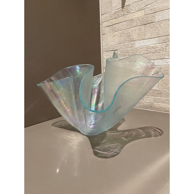 Transparent Vintage Mid-Century Iridescent Art Glass Handkerchief Centerpiece Bowl – 14" For Sale - Image 8 of 12