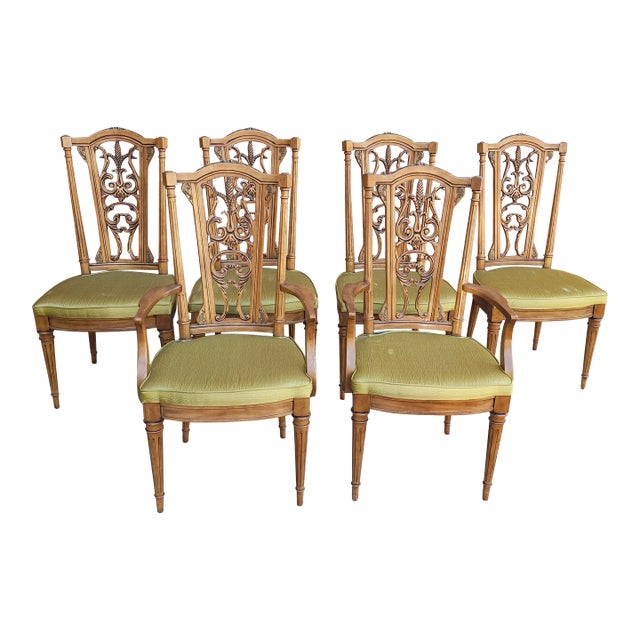 Set Six Louis XVI Brass Mounted Carved French Walnut Dining Chairs For Sale