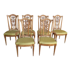 Set Six Louis XVI Brass Mounted Carved French Walnut Dining Chairs