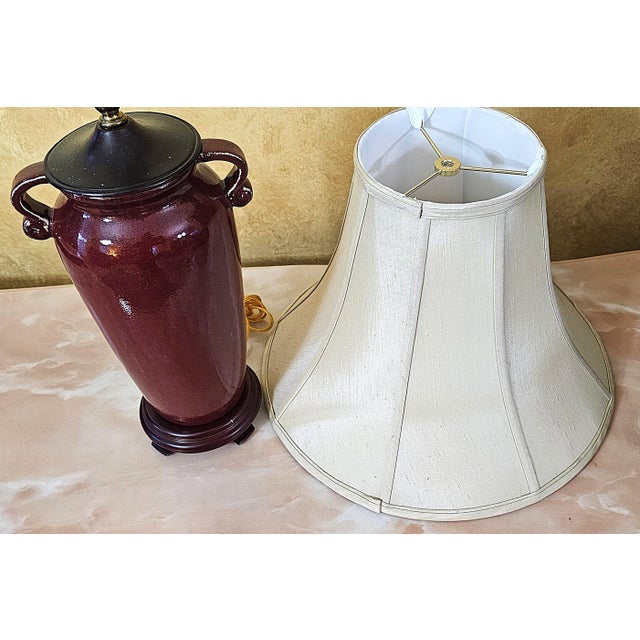 Vintage Burgundy Glazed Ceramic Table Lamp With Bell Shade, Circa Late 20th Century For Sale - Image 16 of 18