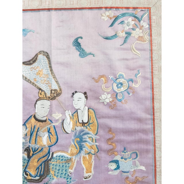 19th Century Chinese Fine Silk Embroidered Panel With Figures on Purple Ground For Sale - Image 9 of 16