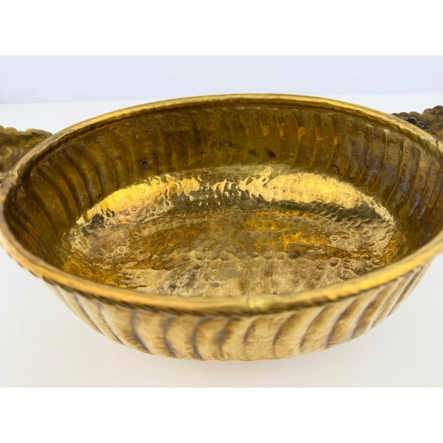 Metal Vintage Solid Brass Hammered Centerpiece Bowl With Grapevine Handles For Sale - Image 7 of 13