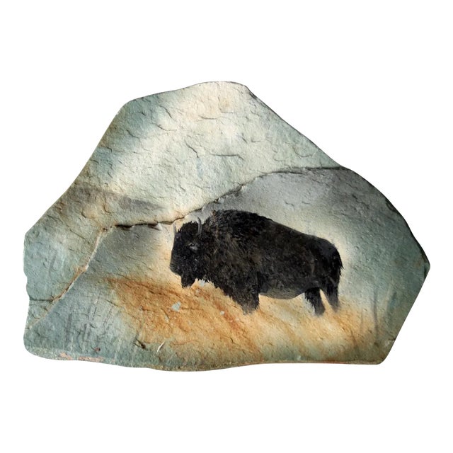 Vintage Bison Painting on Slate Rock For Sale