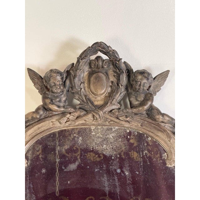 19th Century French Carved Wood Wall Mirror With Cherub Crest For Sale - Image 4 of 9