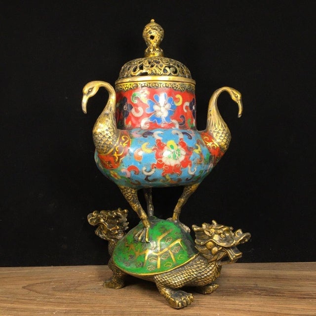 Cloisonné Enamel Turtle & Crane Incense Burner For Sale In Los Angeles - Image 6 of 9