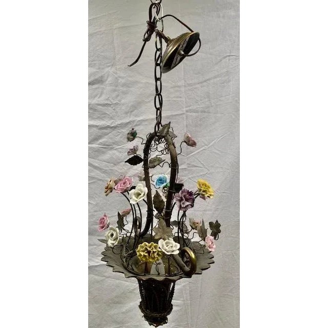 Small French Cast Brass Basket Light With Original Porcelain Flowers. For Sale - Image 13 of 13