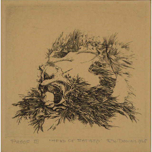 "Head of Batista", a mid-century modern miniature abstract etching by California artist Richard W. Downs...