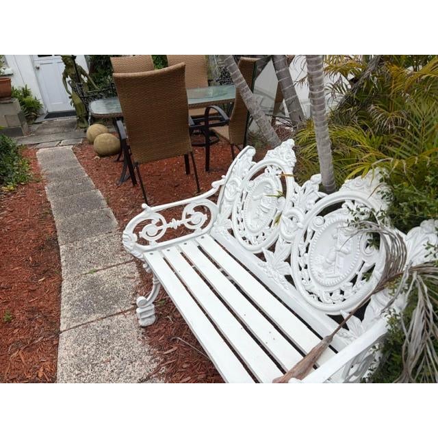 English Pair of White Antique Style Cast Iron Figural Seasons Garden Bench For Sale - Image 3 of 9