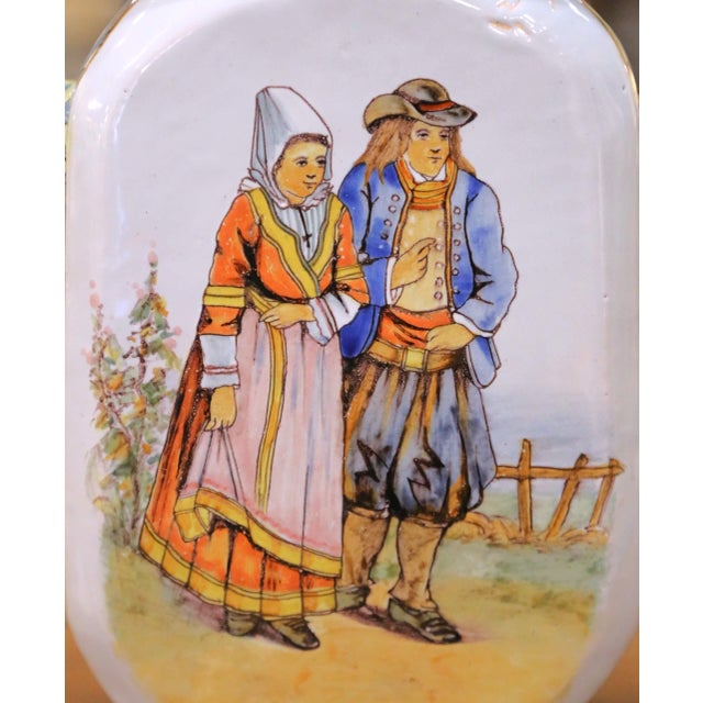 Yellow 19th C. French Porquier-Beau Quimper Pitcher Vase With Coat of Arms & Bretons For Sale - Image 8 of 14