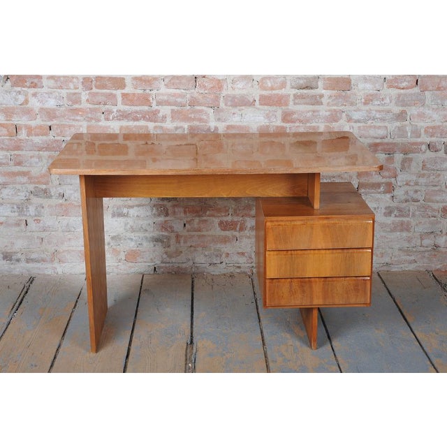Wood Mid-Century Walnut and Oak Writing Desk from B. Landsman, Czech, 1950s For Sale - Image 7 of 10