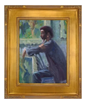 Vintage American Impressionist Portrait Oil Painting of a Black Woman in a Gallery by Harry Barton